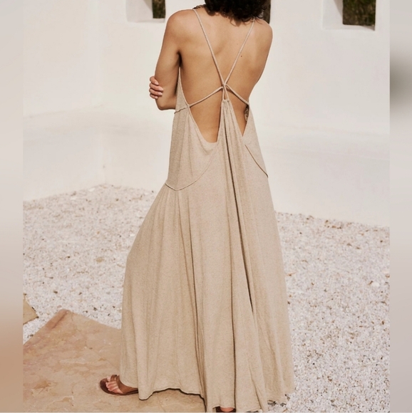 FREE PEOPLE Free-est Linen Blend Eros Maxi In Taupe. Size XS NWT - Picture 6 of 16